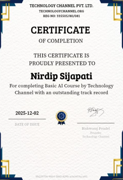 Basic AI Course certificate awarded to Nirdip Sijapati
