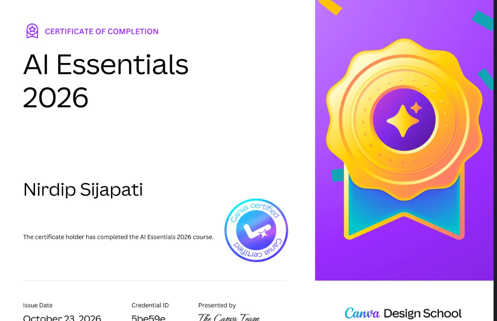 AI Essentials 2026 certificate awarded to Nirdip Sijapati