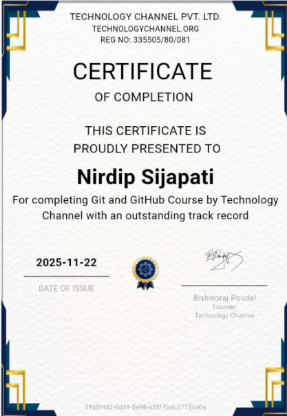 Git and GitHub Course certificate awarded to Nirdip Sijapati