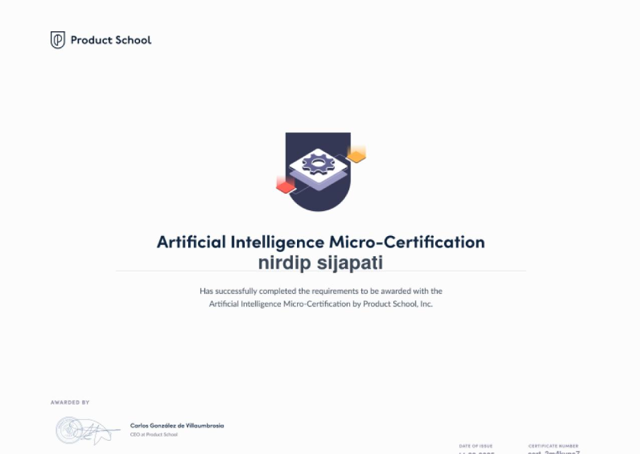 Artificial Intelligence Micro-Certification certificate awarded to Nirdip Sijapati